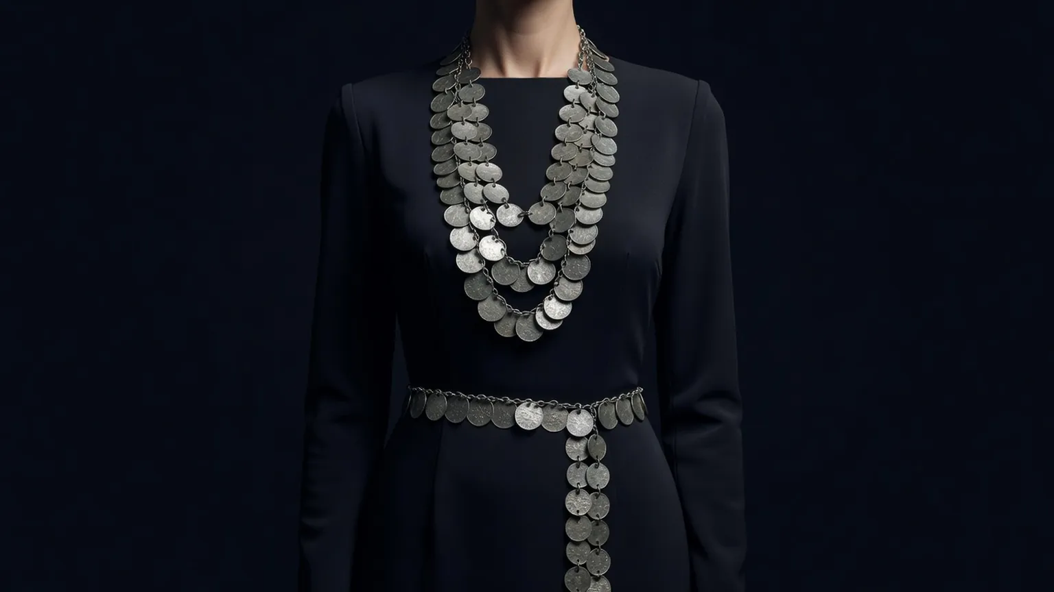 Femme en robe noire portant un long sautoir de monnaies et une chaîne de monnaies à la ceinture