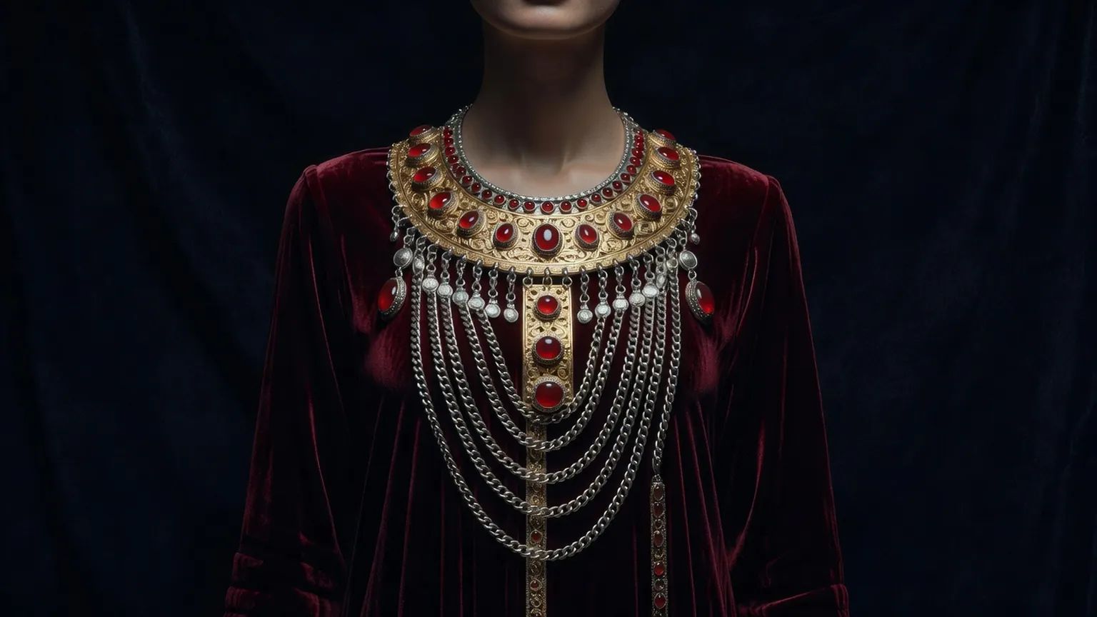Femme d'Asie centrale portant un large pectoral d'argent doré serti de cornalines sur une robe sombre
