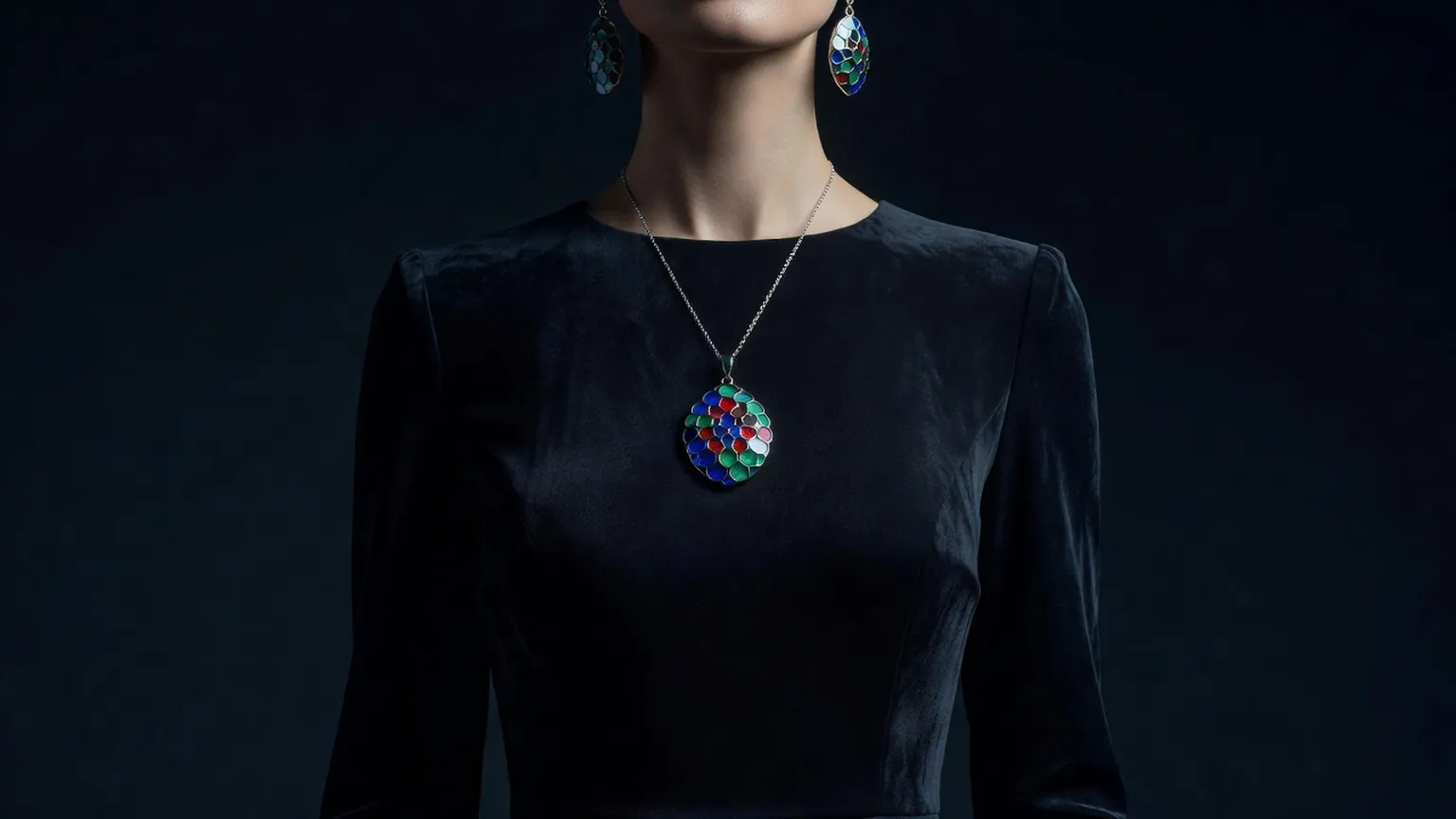 Femme géorgienne portant des boucles d'oreilles et un pendentif en émail cloisonné aux couleurs vives
