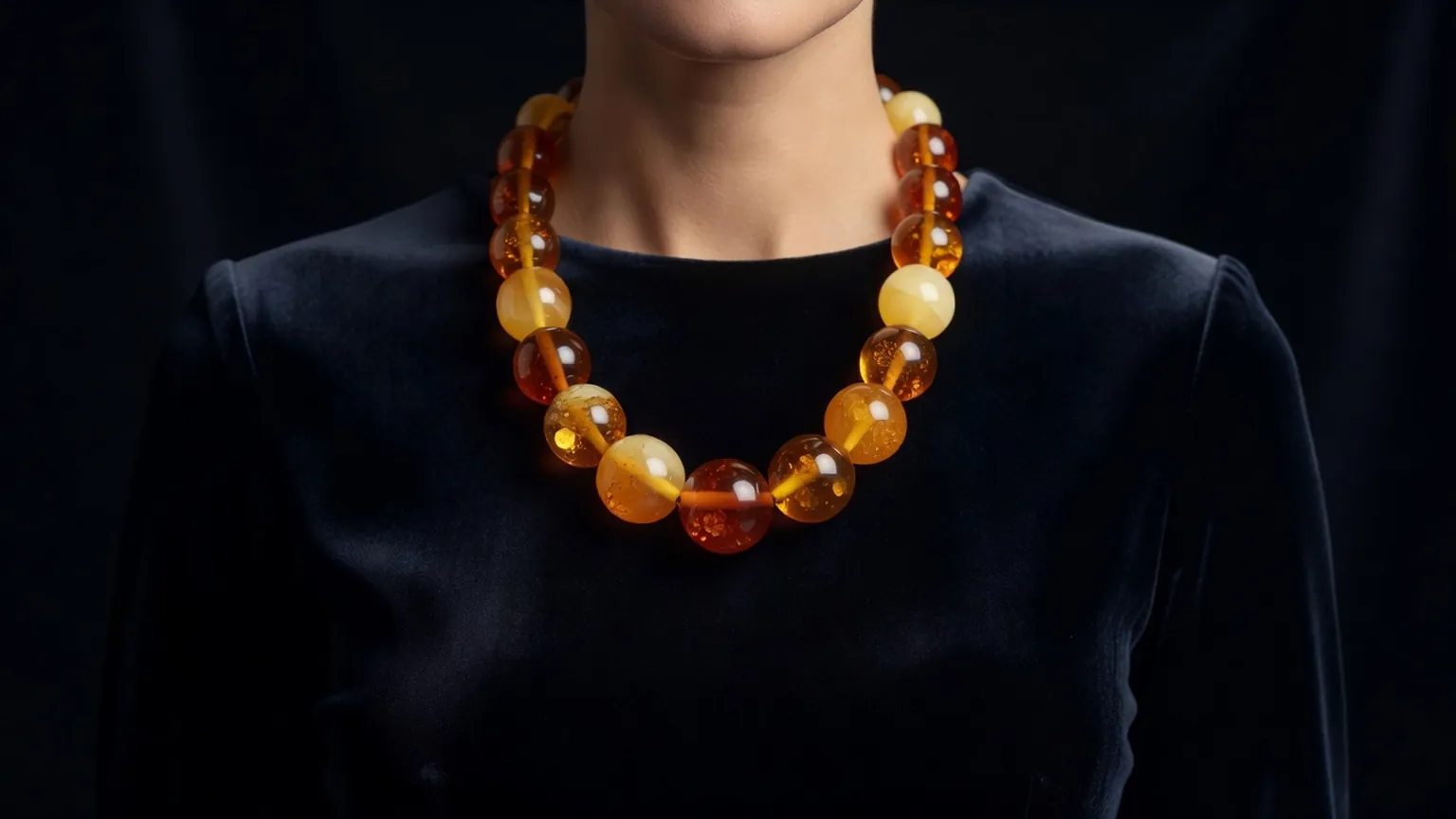 Femme balte portant un collier de grosses perles d'ambre balte aux teintes miel et cognac, sur fond sombre