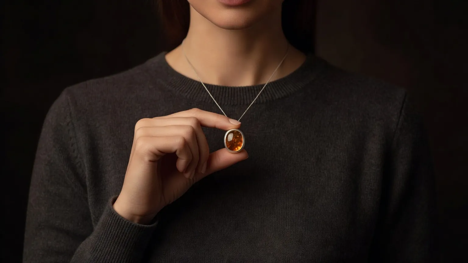 Femme en pull de cachemire sombre tenant entre deux doigts un pendentif d'argent et d'ambre