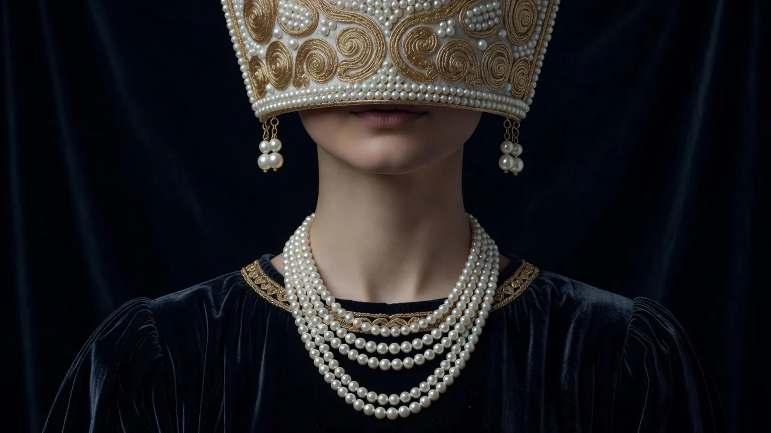 Femme russe vêtue de velours sombre portant un kokochnik brodé de fil d'or et de perles de rivière