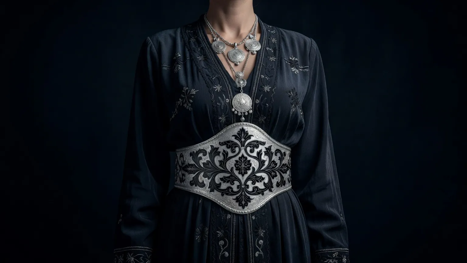 Femme du Daghestan portant de lourds pendentifs et une parure de ceinture en argent niellé