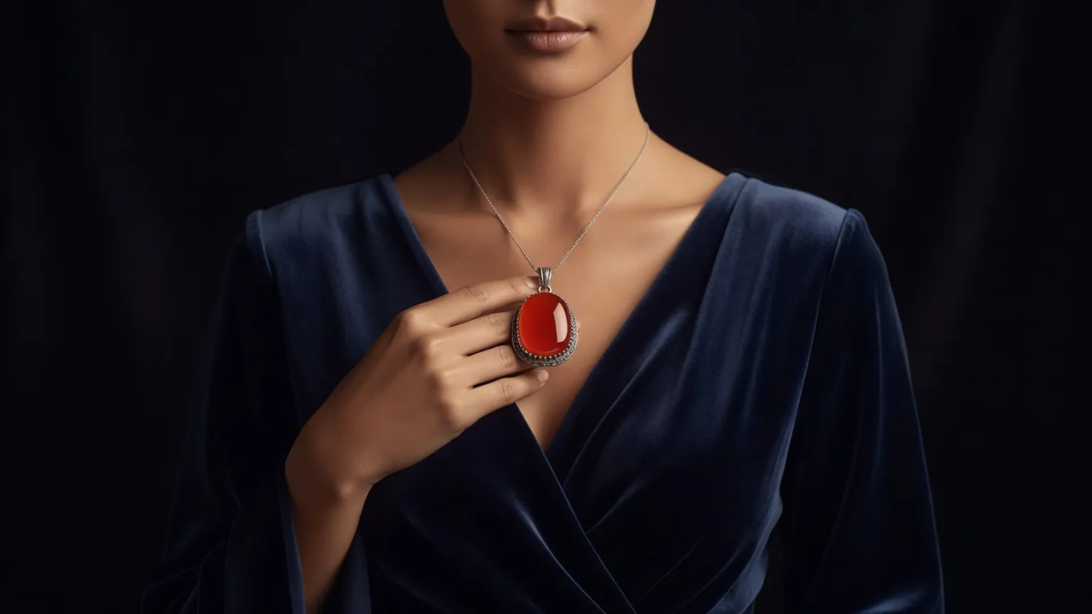 Femme élégante en robe sombre, la main posée sur un pendentif de cornaline serti d'argent