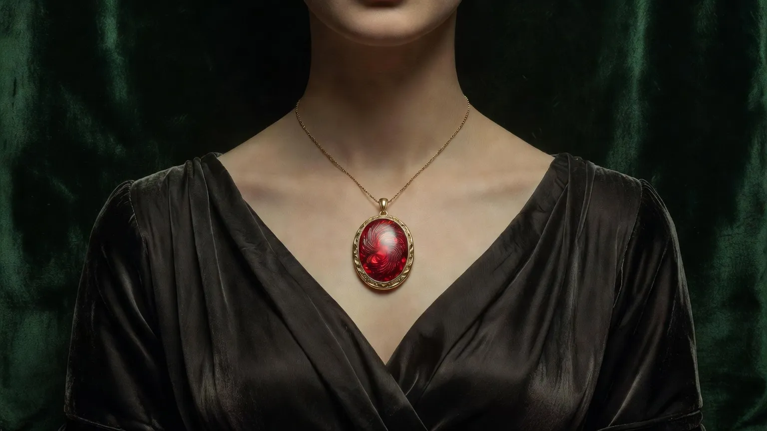 Femme en robe de soirée sombre portant un pendentif ovale émaillé rouge monté en or, visage hors du cadre