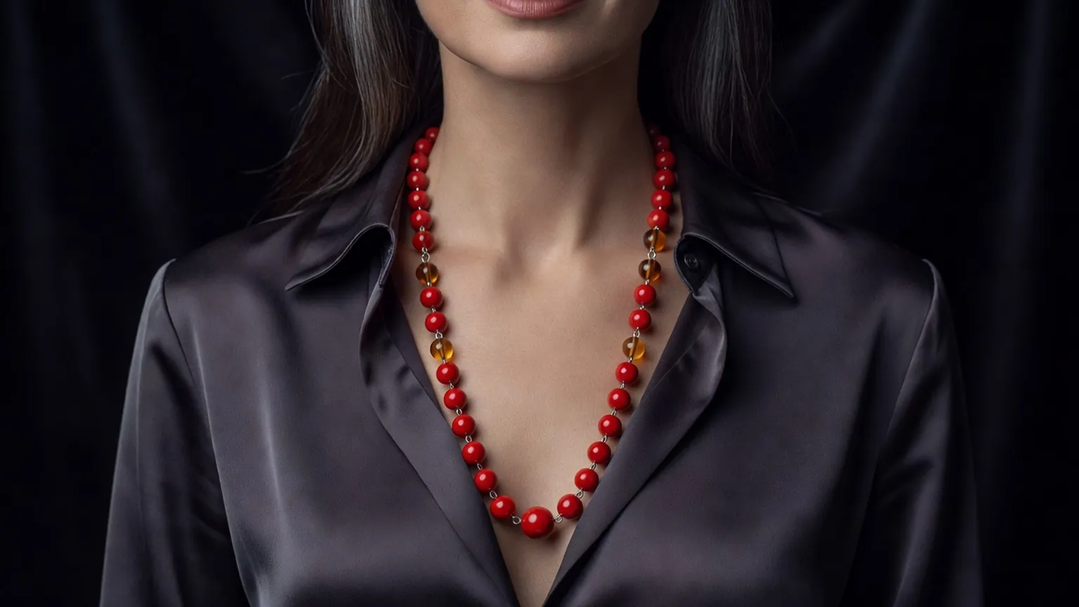 Femme d'une cinquantaine d'années en chemisier de soie sombre portant un sautoir d'argent et de grosses perles de corail