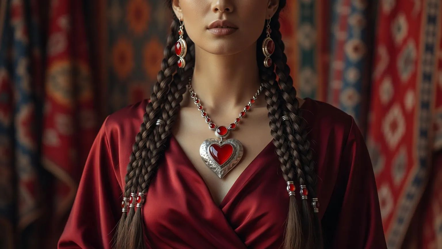 Femme turkmène portant un grand pendentif coeur en argent serti d'une cornaline suspendu à ses longues nattes, boucles d'oreilles assorties