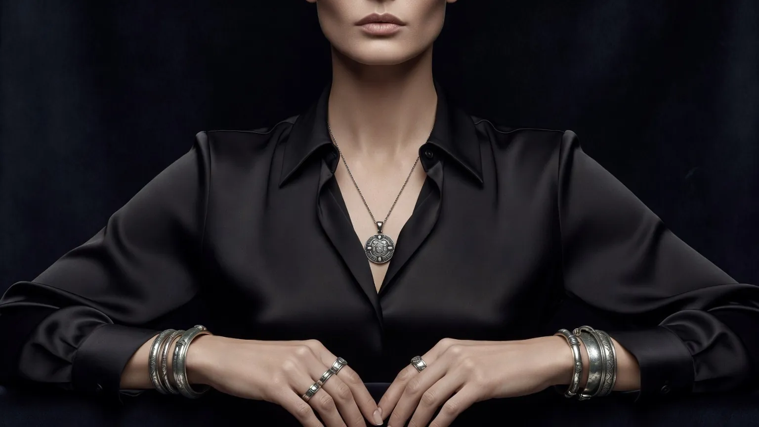Femme en chemisier noir portant des bracelets, des bagues et un pendentif d'argent ancien patiné