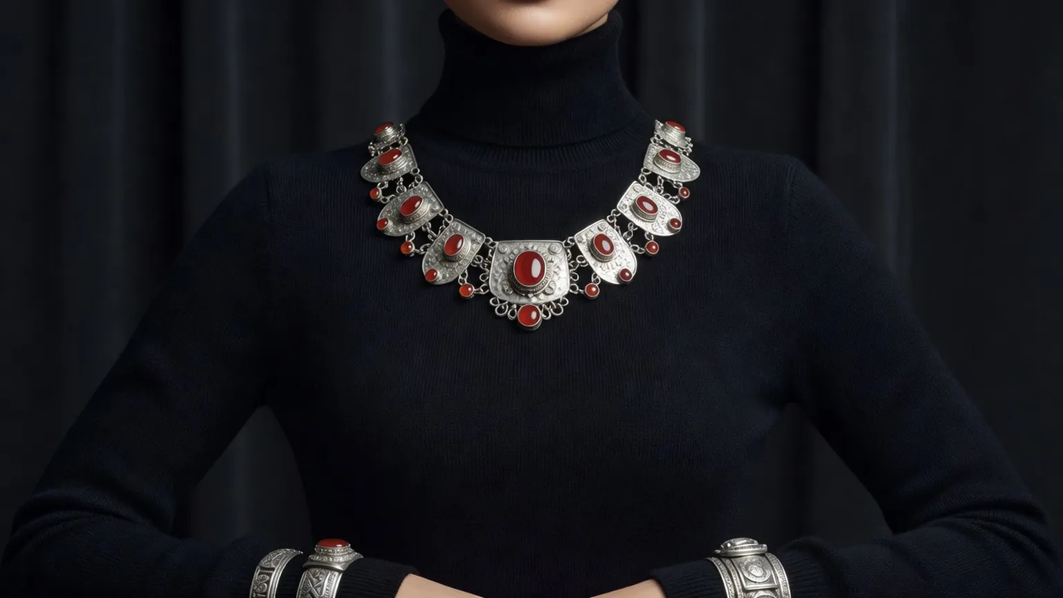 Femme vêtue d'un col roulé noir portant un large plastron d'argent à cornalines et deux bracelets d'argent