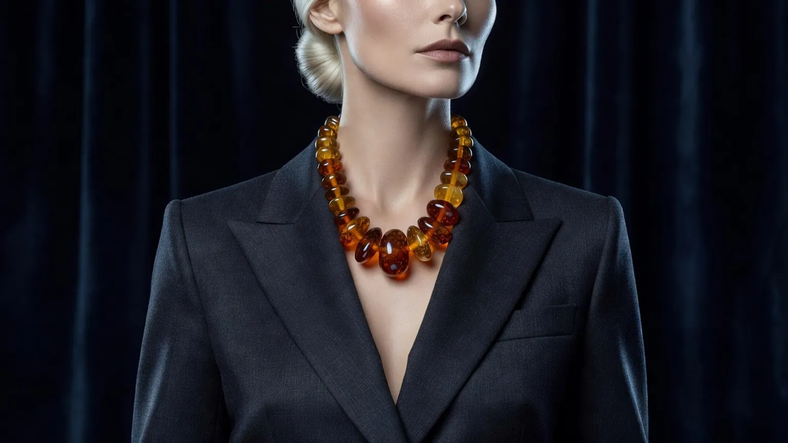 Femme balte portant un collier de grosses perles d'ambre miel et cognac sur un manteau de laine sombre