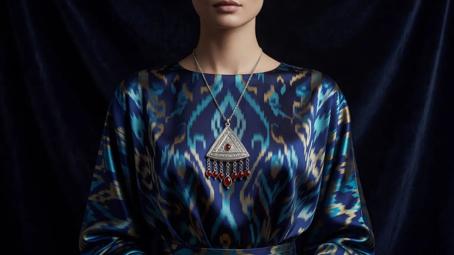 Femme ouzbèke portant sur une robe d'ikat un tumar triangulaire en argent orné de cornalines et de pendeloques
